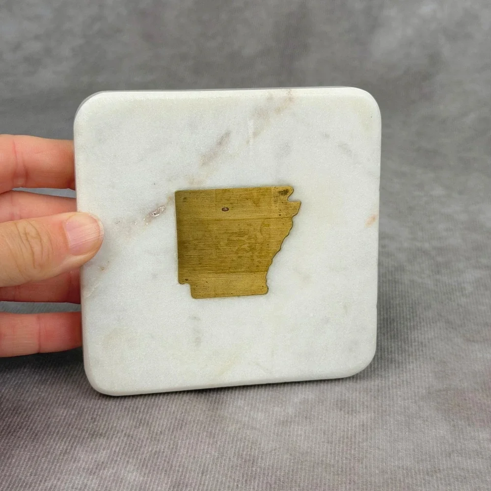 The Royal Standard White Marble Arkansas Brass Inlay Coasters Set of 4